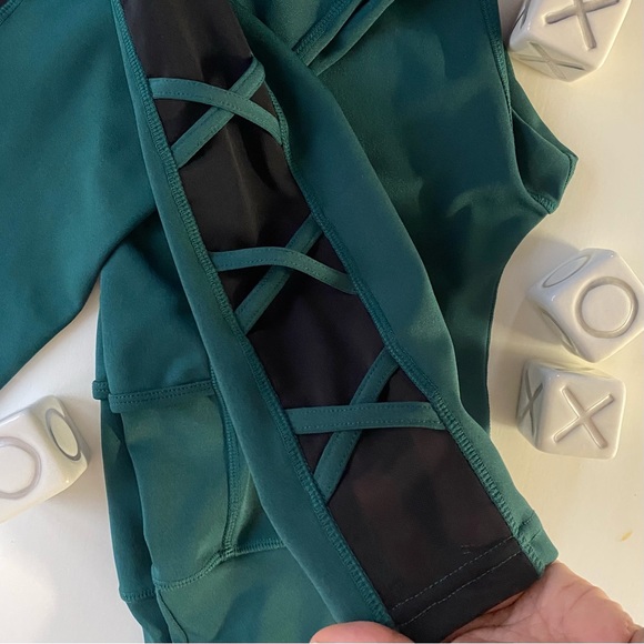 Hunter Green Pop Fit Leggings with Mesh Criss Cross Detail - Picture 4 of 8